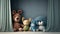 Room with plush toys advertising banner background empty space for text