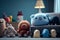 room with plush toys advertising banner background.generative ai