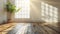 A room with a potted plant and sunlight shining through the window, AI