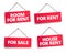Room for rent. Rope sign set. Word on red ribbon headline. Red tape text title. Real estate property rental. Vector flat color