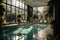 A room with a spacious indoor pool, adorned with floor-to-ceiling windows that fill the space with natural light. A