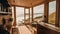A room with a view of the ocean. AI generative image. Tiny house interior.