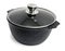 Roomy  boiling pan with non-stick coating and with transparent lid stands on white background