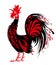 Rooster black feathers red crown.