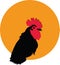 Rooster black silhouette portrait on yellow circle background logotype, vector