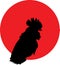 Rooster black silhouette on red circle background, vector