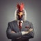 Rooster boss in business suit standing with crossed arms over grey background. Waist up corporate portrait, generative AI