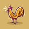 Rooster crowing Hand drawn illustration. Cartoon style. Isolated on gold background