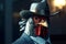 Rooster gentleman in a suit, tie, hat and glasses on a black background. AI generated