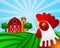 Rooster on Green Pasture with Red Barn Grain Silo