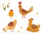 Rooster, hen and chicks. Various cute chickens flat icon set. Funny domestic birds, farm and poultry concept. Cartoon hens and