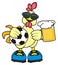 Rooster hold a soccer ball and a beer