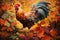 Rooster jumping in autumn leaves. Generate ai