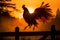 Rooster in mid-flight, silhouetted against a vibrant orange sunrise, AI-generated.