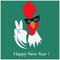 Rooster New year 2017 symbol in sunglasses showing victory gesture.