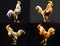 The rooster, one of 12 chinese zodiac animal, proud standing 4 style as a low polygon gold model on black background.