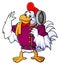 a rooster is a professional chef carrying a frying pan to demonstrate how to cook