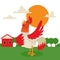 Rooster singing or performing song on country land background banner vector illustration. Farm cock with bright plumage