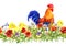 rooster and small chicks in grass, flowers. Seamless pattern. Watercolor