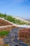 Root zone waste water sewage treatment plant on the extensive green living sod roof