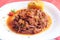Ropa vieja, a very popular traditional Cuban dish, made with shredded beef, vegetables, tomato, peppers and onions, in Camaguey