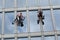 Rope access workers clean windows in office building