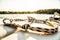 Rope on the back of a boat, close up shot of a wakeboard rope, Watersport, wake boarding rope on a boat, warm image during sunset