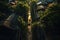 Rope bridge over the river in the city of Bangkok, Thailand, A narrow street between woodlands, seen from a drone\\\'s
