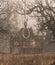 Rope noose hanging in creepy forest with haunted scene