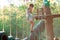 Rope park. A boy passes an obstacle on tires in a rope Park.