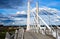 Rope Tilikum Crossing Bridge with concrete central supports across the Willamette River in Portland Oregon