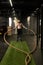 Rope training man warehouse fitness gym muscular exercising exercise workout, concept strong heavy from body from