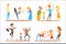 Rope walker and magician performing before happy people. Circus or street actors set of colorful cartoon detailed vector