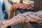 Ropes on Old Rusty Ship Closeup. Old Frayed Boat Rope as a Nauti