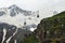 Ropeway in Caucasus Mountains. Ski lift in mountain. Beautiful mountain landscape of Caucasus.