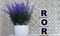 ROR word on cubes on a gray background and lavender bush