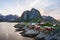 Rorbu houses on the island of Hamnoy in Lofoten, Norway during the midnight sun with calm weather and soft light