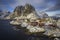 Rorbuer, cabins on stilts on the rocks of Hamnoy, Lofoten Norway