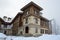 Rosa Khutor, Sochi, Russia, January, 25, 2018. Chalet cottage in Rosa Khutor ski resort on foggy january day