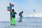 Rosa Khutor, Sochi, Russia, January, 26, 2018. Skier and snowboarder near the direction of ski slopes of various difficulty at Ros