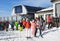 Rosa Khutor, Sochi, Russia, January, 26, 2018. Skiers on the upper cable car station of the `Caucasian Express` on the Rosa Peak