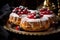 Roscon de Reyes with cream and Christmas decorations