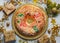 Roscon de reyes with cream and christmas ornaments. Kings day concept spanish three kings cake.Typical spanish dessert for