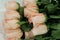 Rose bouguet soft pink color lying on the table, close-up. M acro.