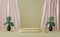 Rose color podium empty with curtain in beige composition for modern stage display ,abstract showcase background  ,Concept 3d