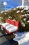 Rose colored bench with snow and white light pole