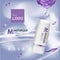 Rose cosmetic ads, droplet and 3d bottle in purple with burst light in 3d illustration, purple roses