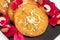 Rose Floral Decoration Of Most Enjoyed Indian Mithai Mawa Malpua Topped With Kesar Pista Kaju And Badam Is Served On Major