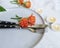 Rose flower plate, candle decoration menu decor elegance romantic dinner on wooden background