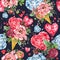 Rose flower and red heart seamless pattern. Diamond crystal luxury background.